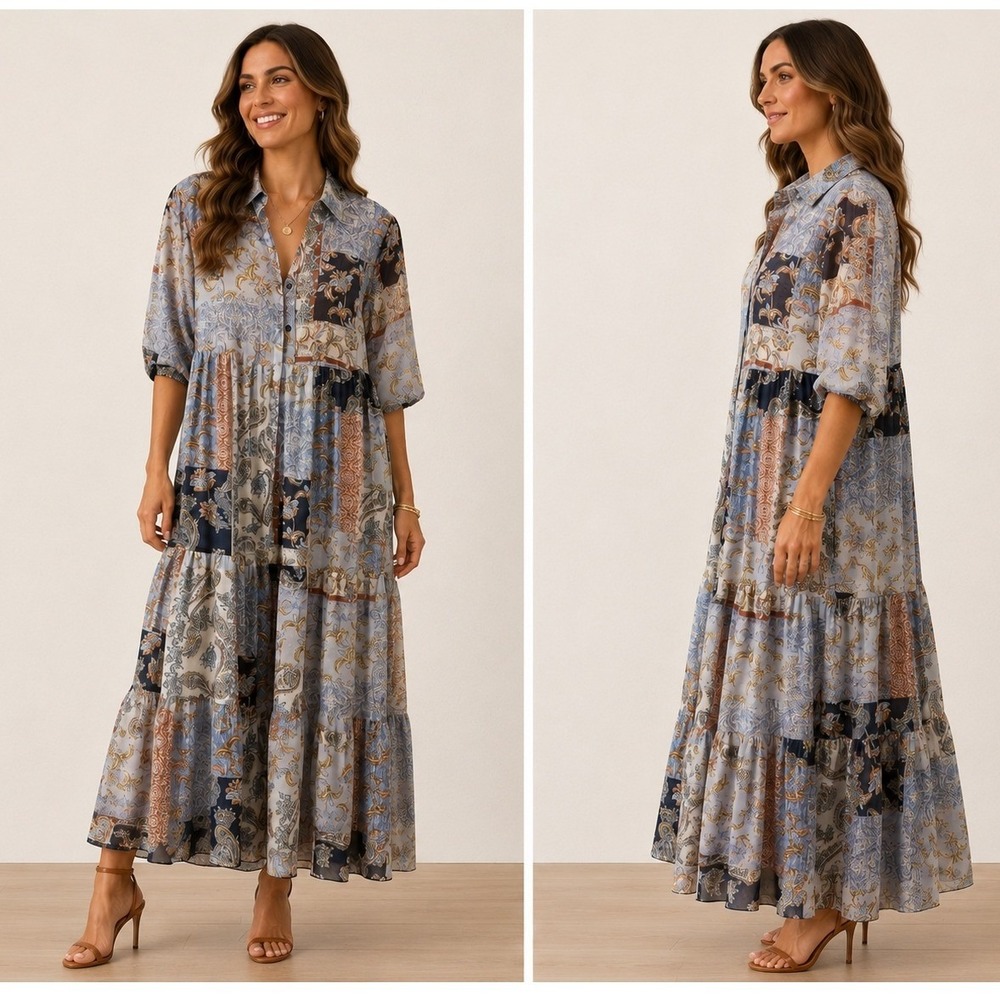 Kate and Lily Patchwork Floral Maxi Dress Blue Paisley Tiered Boho Peasant 4‎